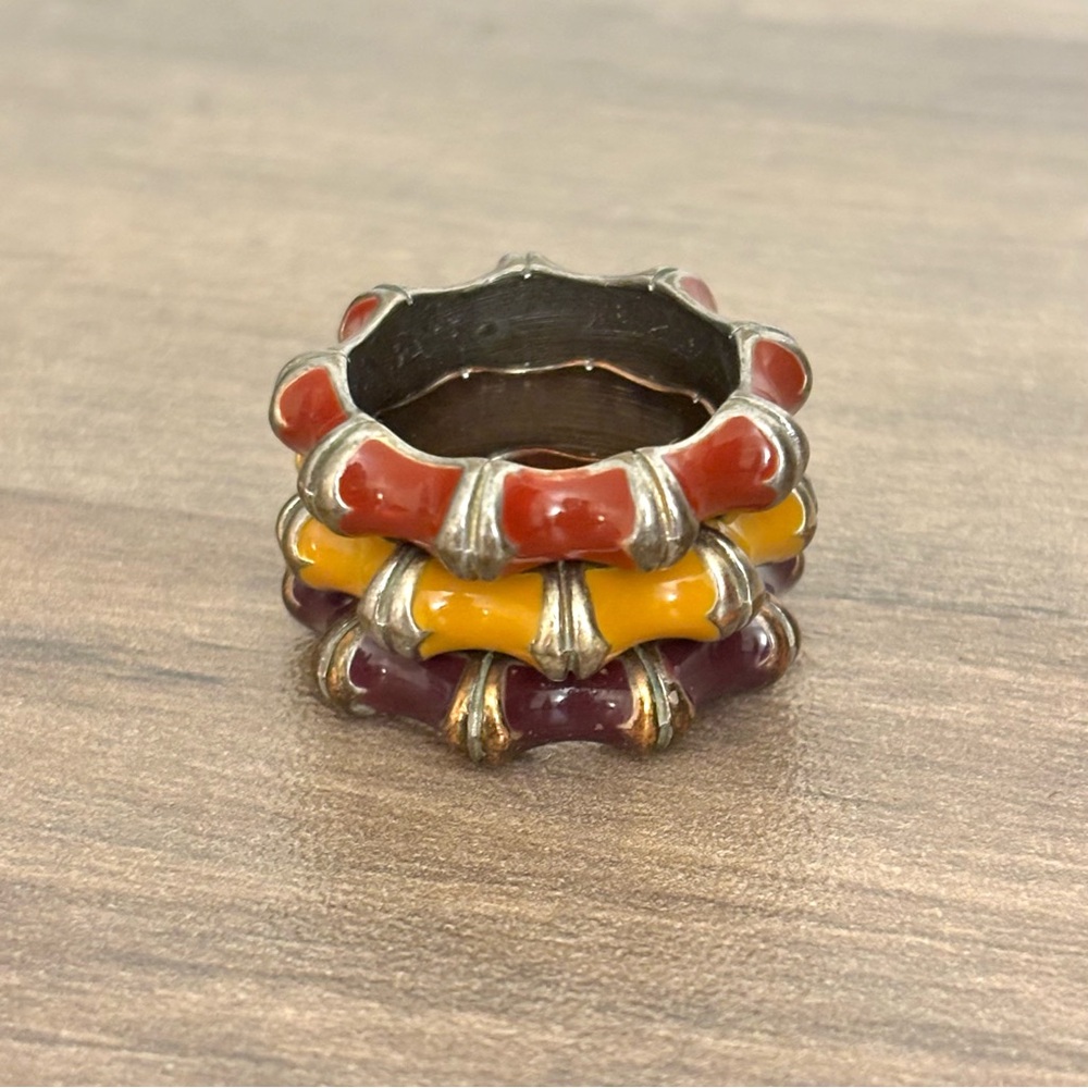 Three chunky geometric stacking boho ring bands, size 6